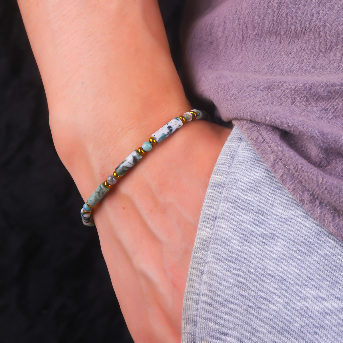 Moss Agate Tube Beaded Bracelet, Wealth Attraction